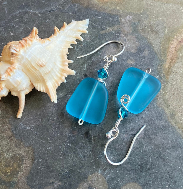 SeaGlass Earrings,Beach Glass Earrings in STERLING SILVER, Turquoise Blue Sea Glass Earrings,Beach Weddings, Beach Glass Jewelry,
