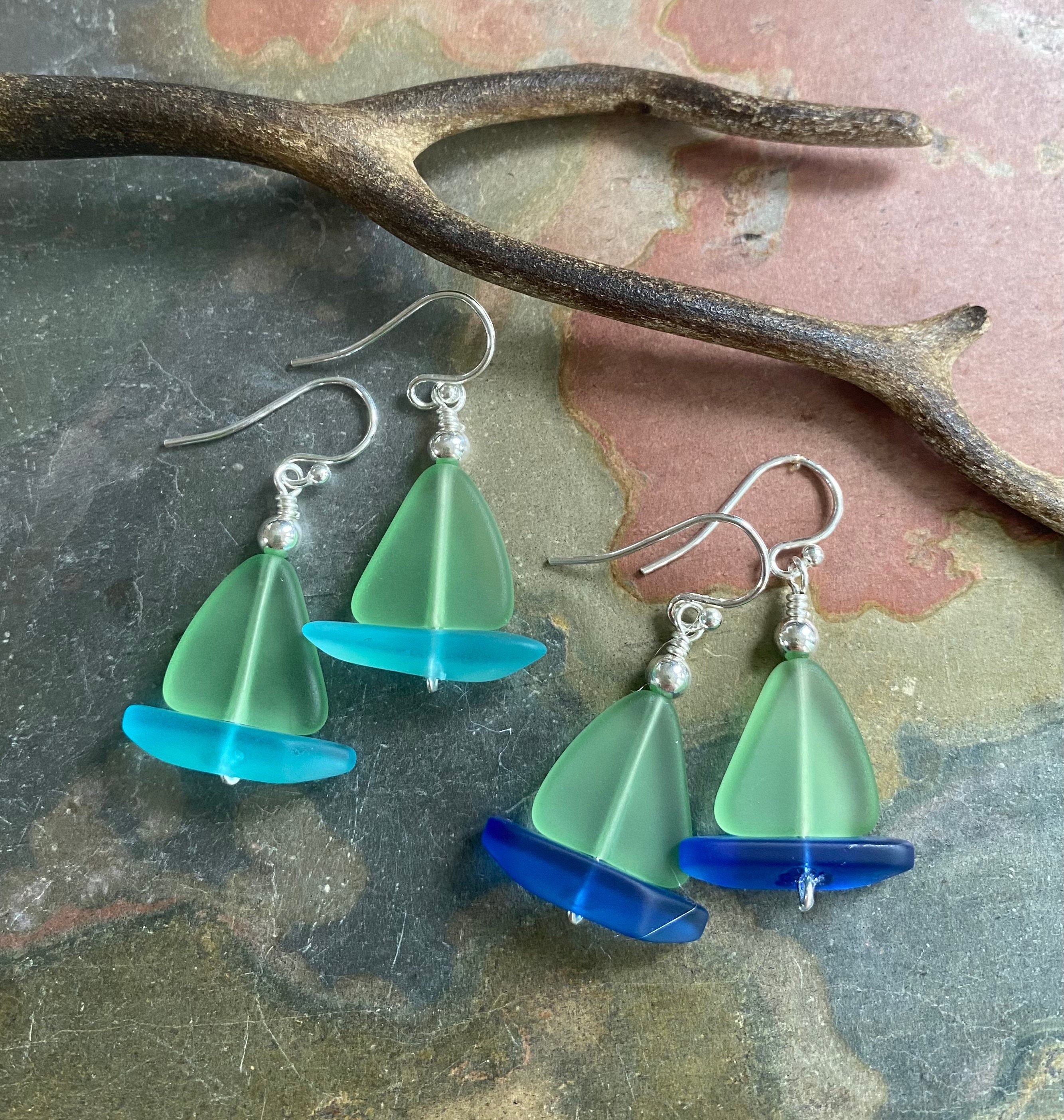 STERLING SILVER Peridot Green Beach Glass Earrings, Green Sea Glass dangling Earrings, beach Wedding Earrings, Beach Summer  Earrings,
