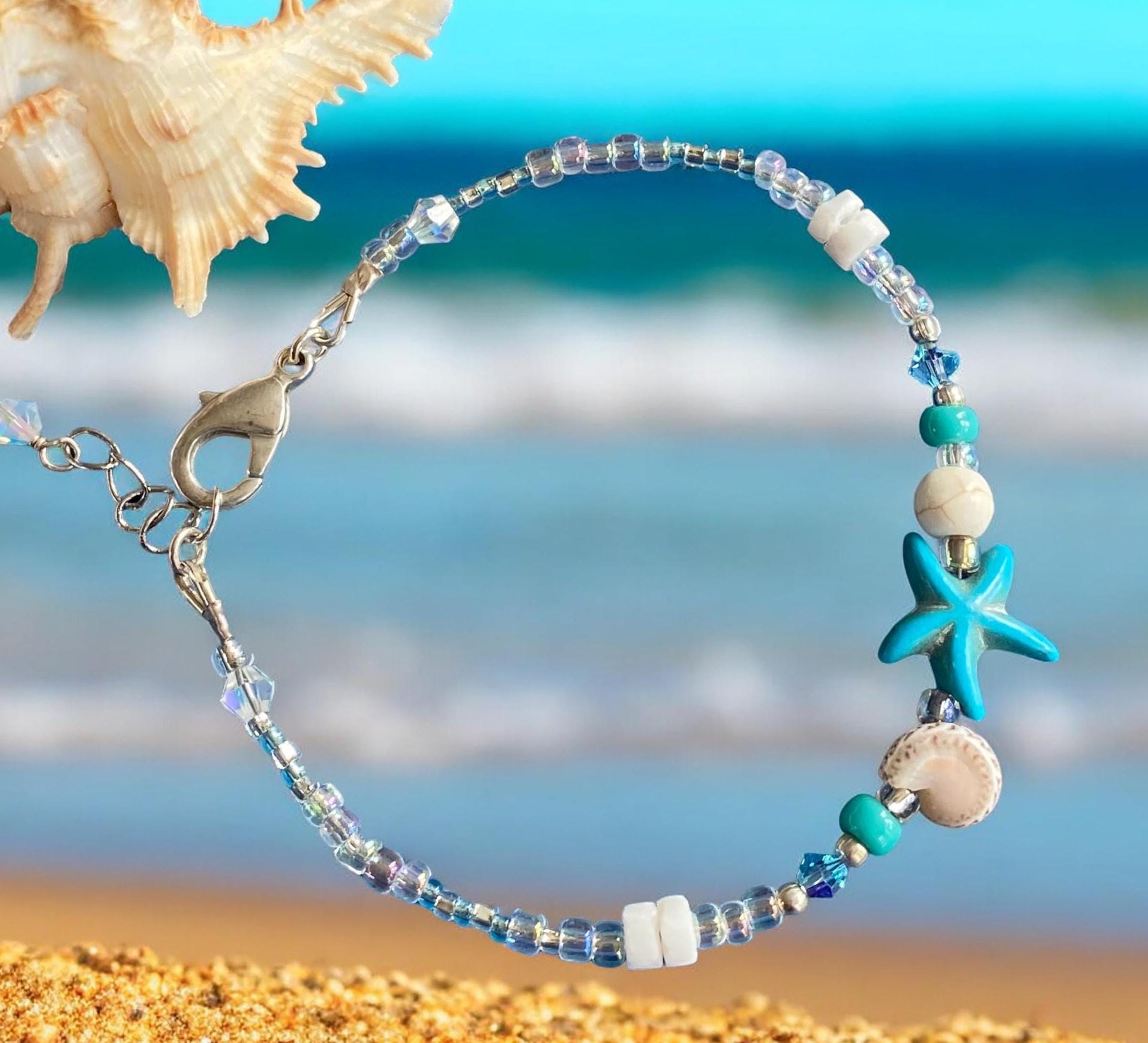 Starfish Charm Bracelet, Beach theme Bracelets, Starfish Charm beaded Bracelet, Summer Beach Jewelry, Beach Boho Bracelet