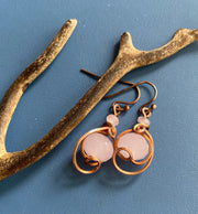 Rose Quartz Earrings, Wire Wrapped Rose Quartz Dangling/Drop Earrings in copper, Pink Rose Quartz dangle Earrings,  Rose Quartz Jewelry,