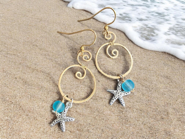 Handmade Sea Glass Starfish Silver Charm Dangling Earrings, Spiral Design Sea Glass Nautical Design Earrings, Coastal Ocean Theme Earrings
