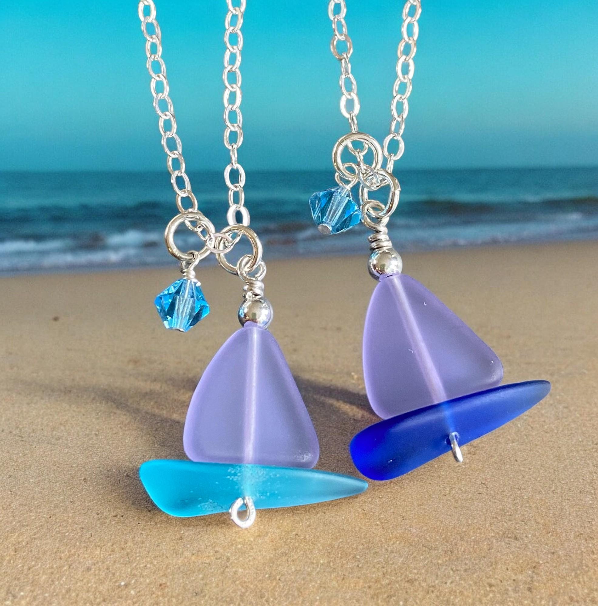 Sailboat Sea Glass Necklace, Periwinkle Sea Glass Pendant, Beach Wedding, Beach glass Necklace in Sterling Silver, Sea Glass Jewelry