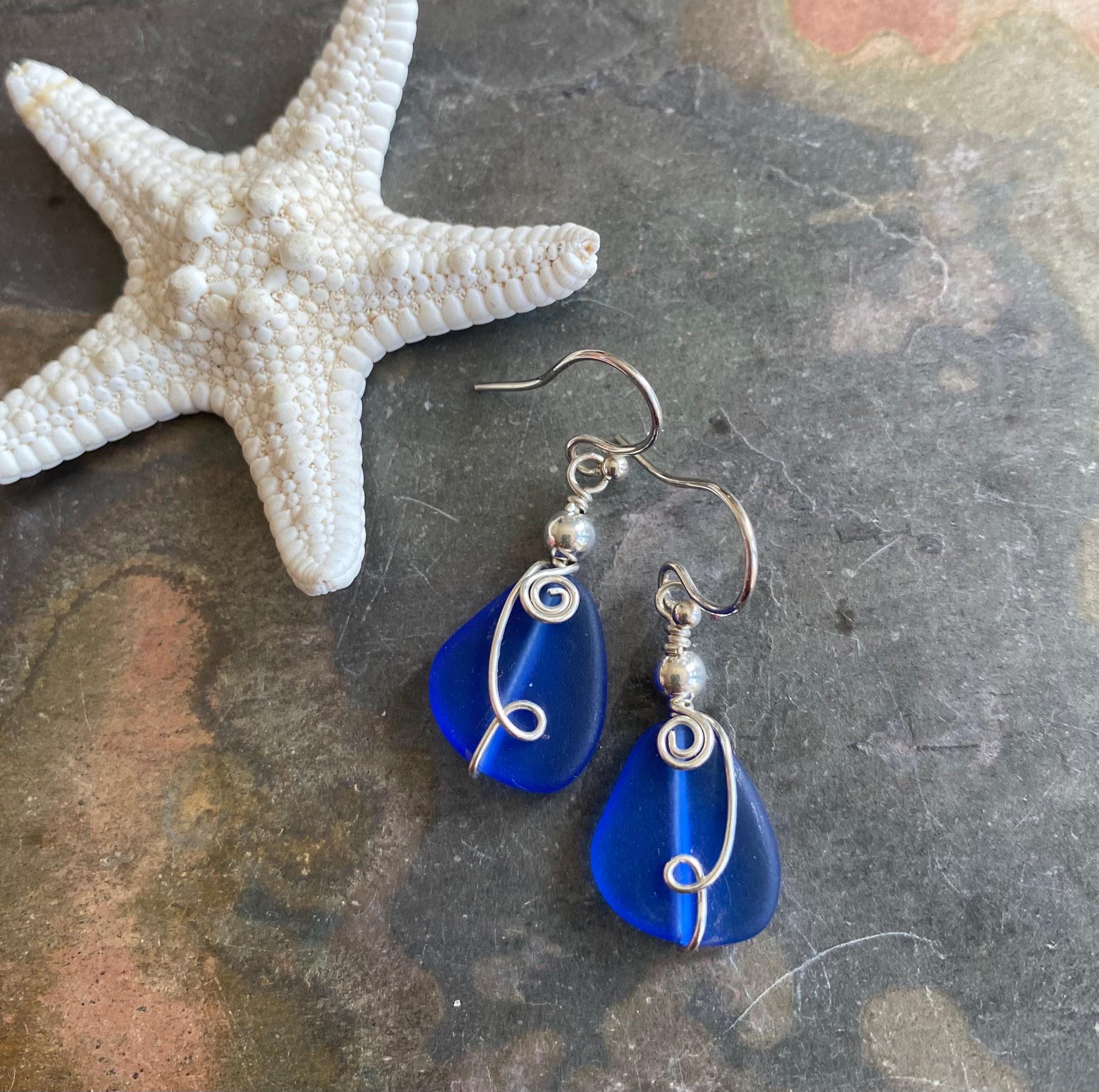 Wire Wrapped handmade Blue Sea Glass Earrings, Blue Sea Glass Earrings in STERLING SILVER, Beach Glass Jewelry, Sea glass Dangling Earrings,