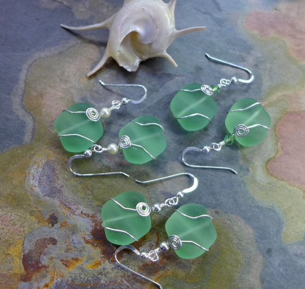 Green Beach Glass Earrings in Sterling Silver Earwires, May Birthstone Sea Glass Earrings, Green sea glass dangle earrings, Beach Earrings