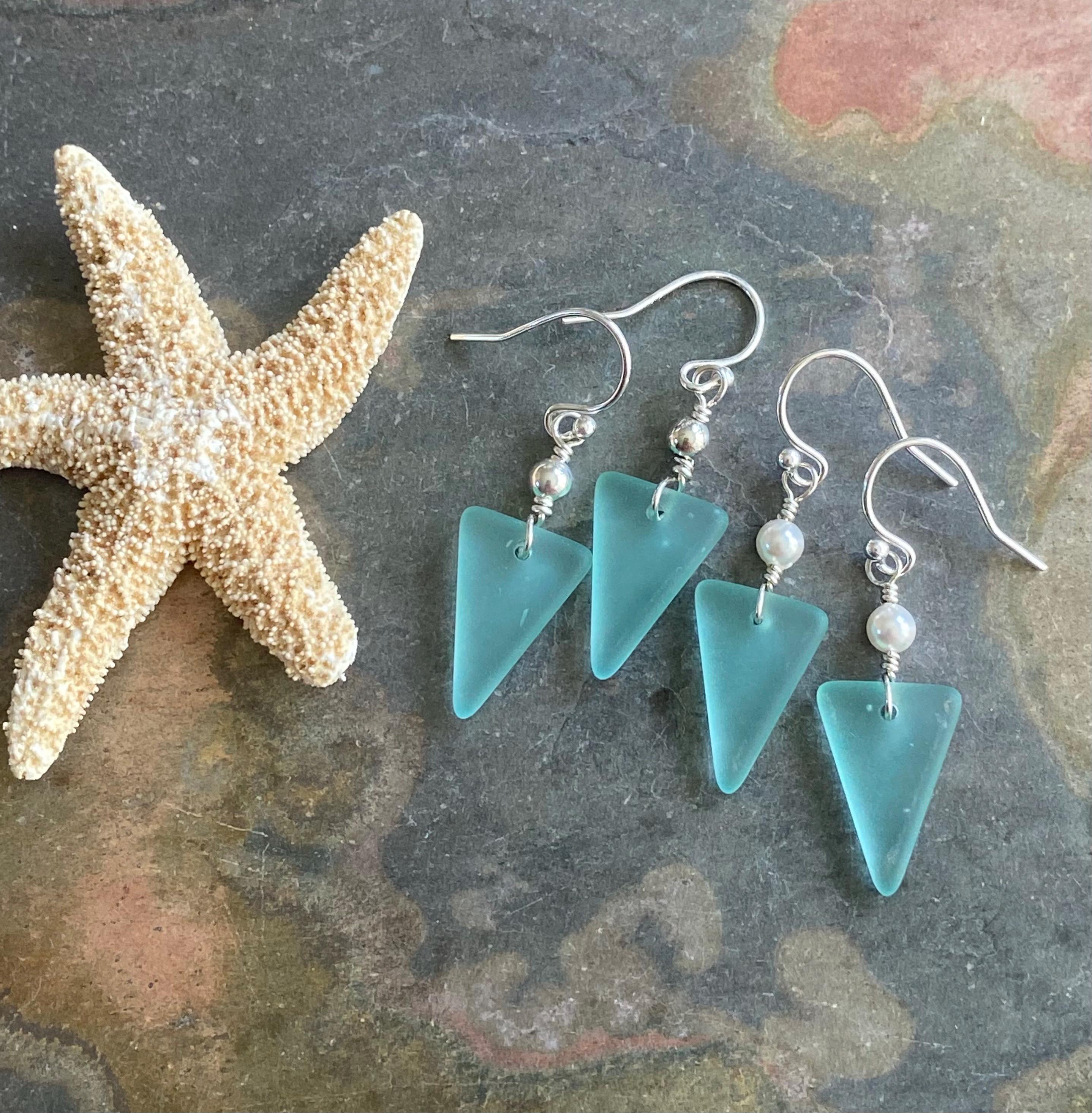 Seafoam Sea glass Triangle designed Earring in Sterling Silver, Wire Wrapped Sea Glass Earrings, Everyday Casual Dangling  Earrings,