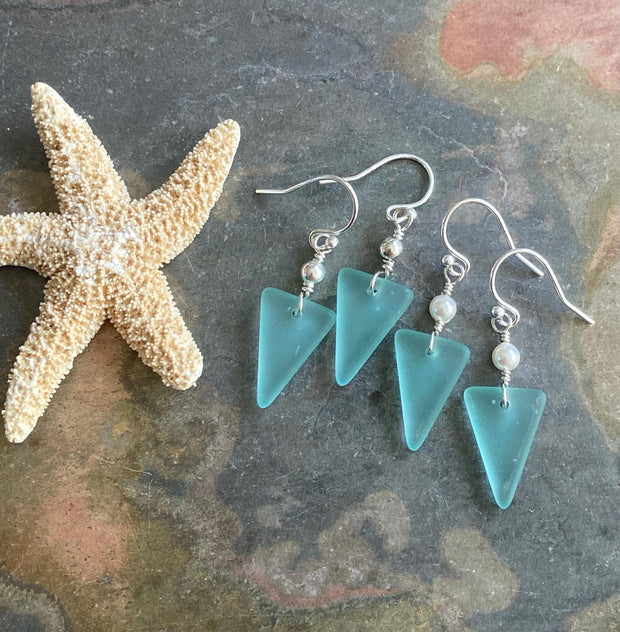Seafoam Sea glass Triangle designed Earring in Sterling Silver, Wire Wrapped Sea Glass Earrings, Everyday Casual Dangling  Earrings,