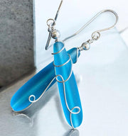 Wire wrapped Long Sea Glass Earrings in Sterling Silver, Pacific Blue Sea Glass Silver Earrings,Beach Weddings,Sea Glass Jewelry,Beach Glass