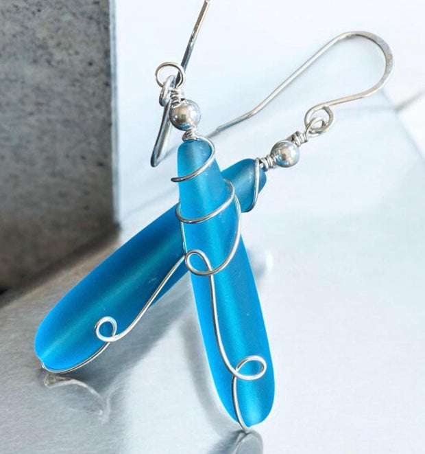 Wire wrapped Long Sea Glass Earrings in Sterling Silver, Pacific Blue Sea Glass Silver Earrings,Beach Weddings,Sea Glass Jewelry,Beach Glass