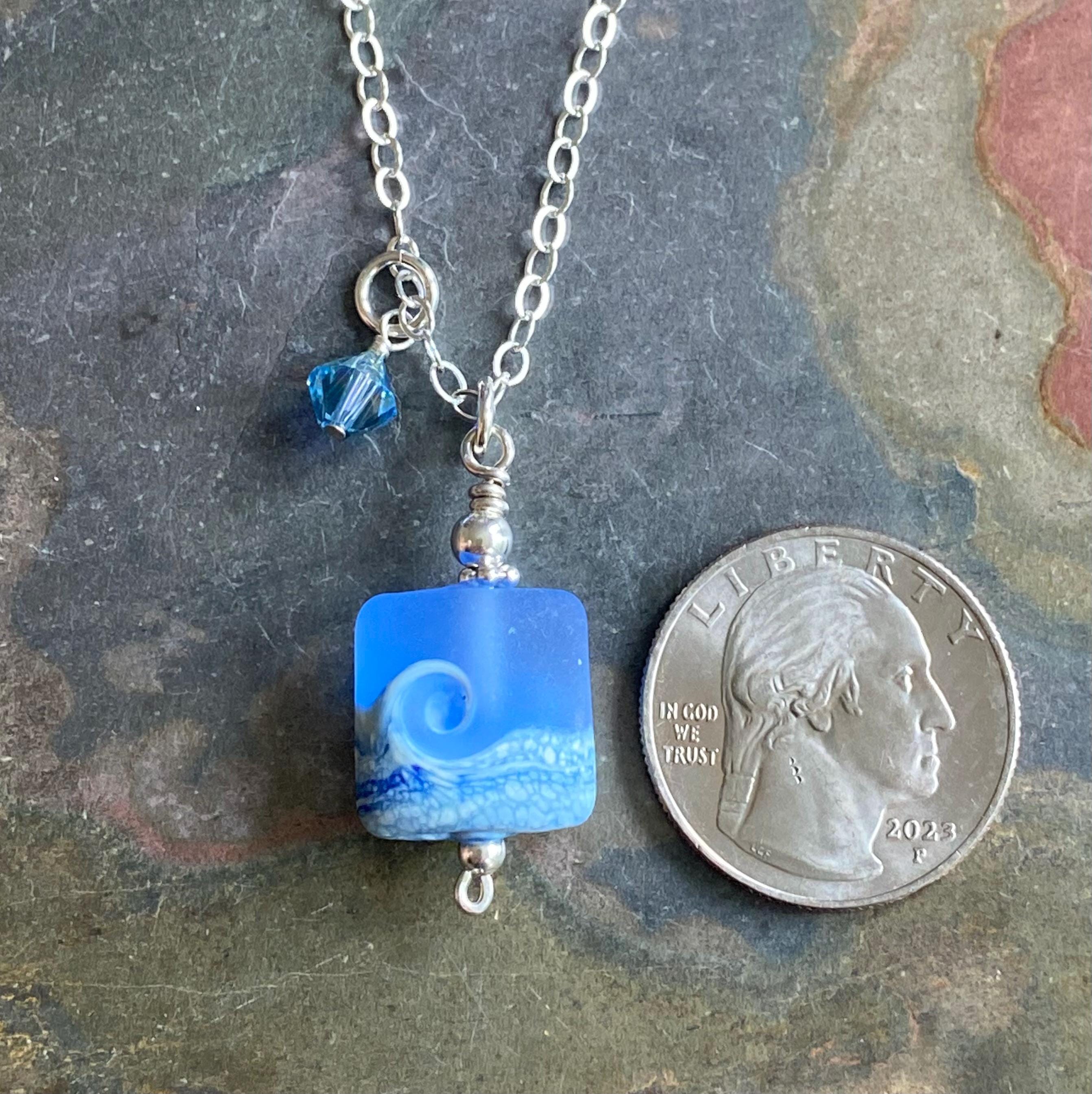 Ocean Beach Wave Necklace, Blue Beach Wave Necklace,Ocean Wave Lampwork Pendant, Beach Wave Jewelry, Blue Sea Glass Necklace sterling silver