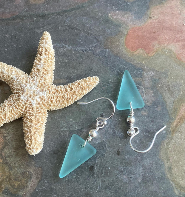 Seafoam Sea glass Triangle designed Earring in Sterling Silver, Wire Wrapped Sea Glass Earrings, Everyday Casual Dangling  Earrings,