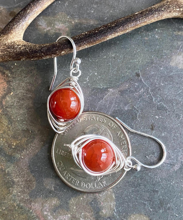 Wire Wrapped Fire Agate Earrings, Orange Fire Agate Gemstone Earrings, Agate Herringbone Earrings in Copper, Fire Agate Copper Earrings,