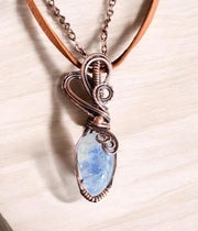 June Birthstone Pendant Necklace, Rainbow Moonstone Necklace,Wire Wrapped Moonstone Jewelry, Antiqued Copper Blue flashMoonstone Jewelry,