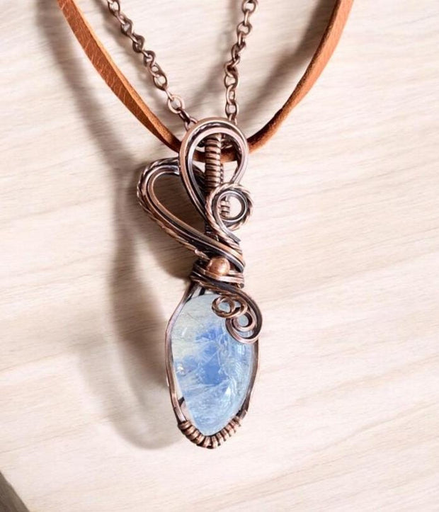 June Birthstone Pendant Necklace, Rainbow Moonstone Necklace,Wire Wrapped Moonstone Jewelry, Antiqued Copper Blue flashMoonstone Jewelry,