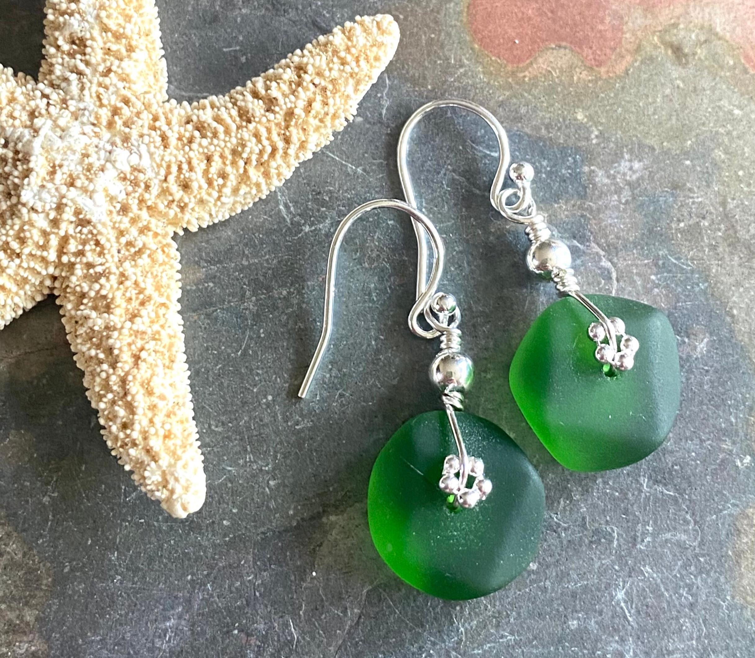 Green Beach Glass Jewelry, Shamrock Green Sea Glass  Necklace and Earrings in Sterling Silver, Sea Glass Necklace,  Sea Glass Jewelry SET,