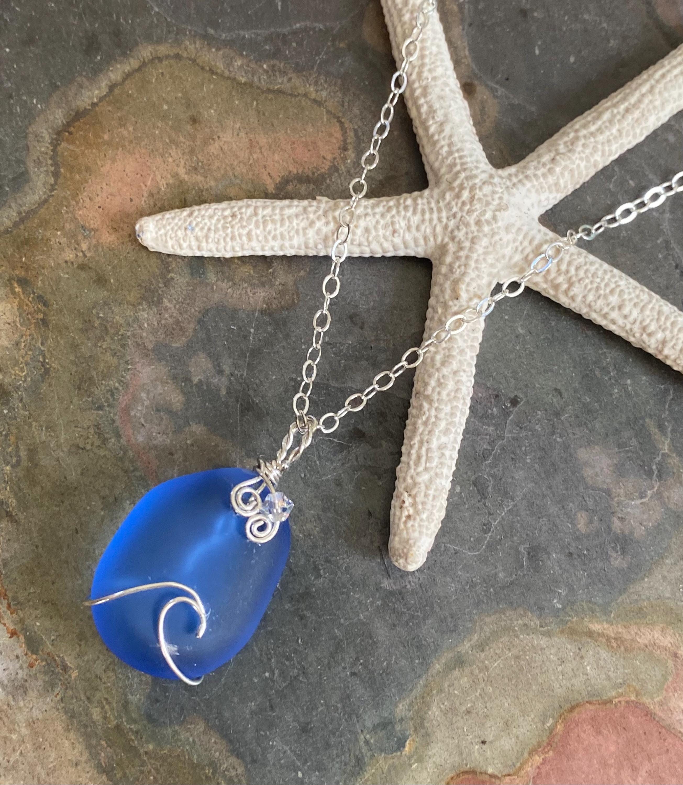 Blue Wave Necklace, Blue Sea Glass Wave necklace, Seaglass Pendant Wave Design Sterling Silver Wire Necklace,Beach Style Ocean Wave Swirl