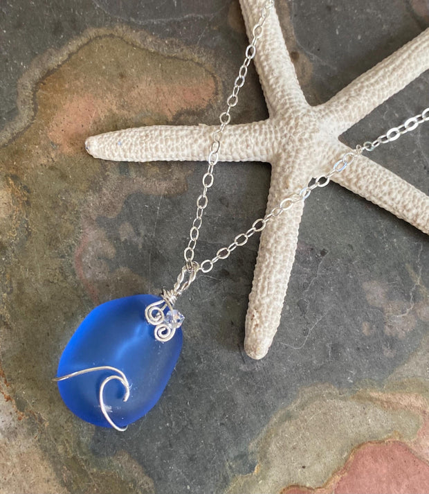 Blue Wave Necklace, Blue Sea Glass Wave necklace, Seaglass Pendant Wave Design Sterling Silver Wire Necklace,Beach Style Ocean Wave Swirl