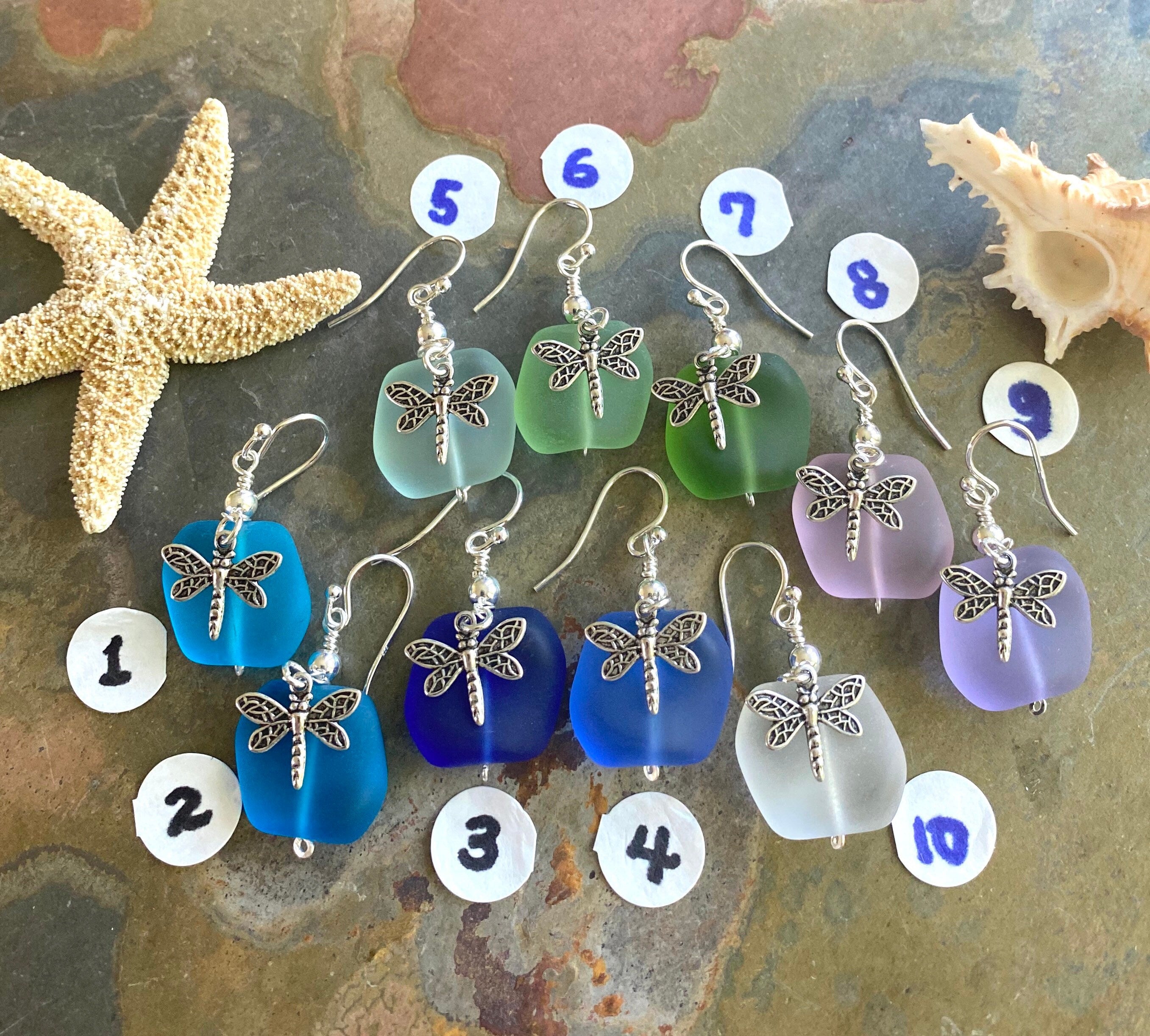 Sterling Silver Sea Glass Dragonfly Charm Earrings,Periwinkle SeaGlass Earrings, Beach Weddings,Blue earring, Green Sea glass Earrings,