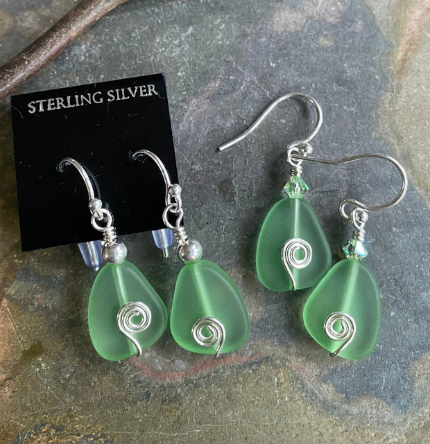 Sea Glass Earrings in STERLING SILVER,Light Green  Sea Glass Earrings, Beach Weddings, Beach Glass Jewelry, Peridot Sea glass Earrings,
