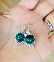 May Birthstone Malachite Earrings in Gold, Hand Wire Wrapped Malachite Dangling Earrings in Natural Copper, Green Malachite Gold Jewelry,