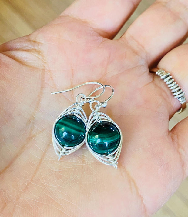 May Birthstone Malachite Earrings in Gold, Hand Wire Wrapped Malachite Dangling Earrings in Natural Copper, Green Malachite Gold Jewelry,