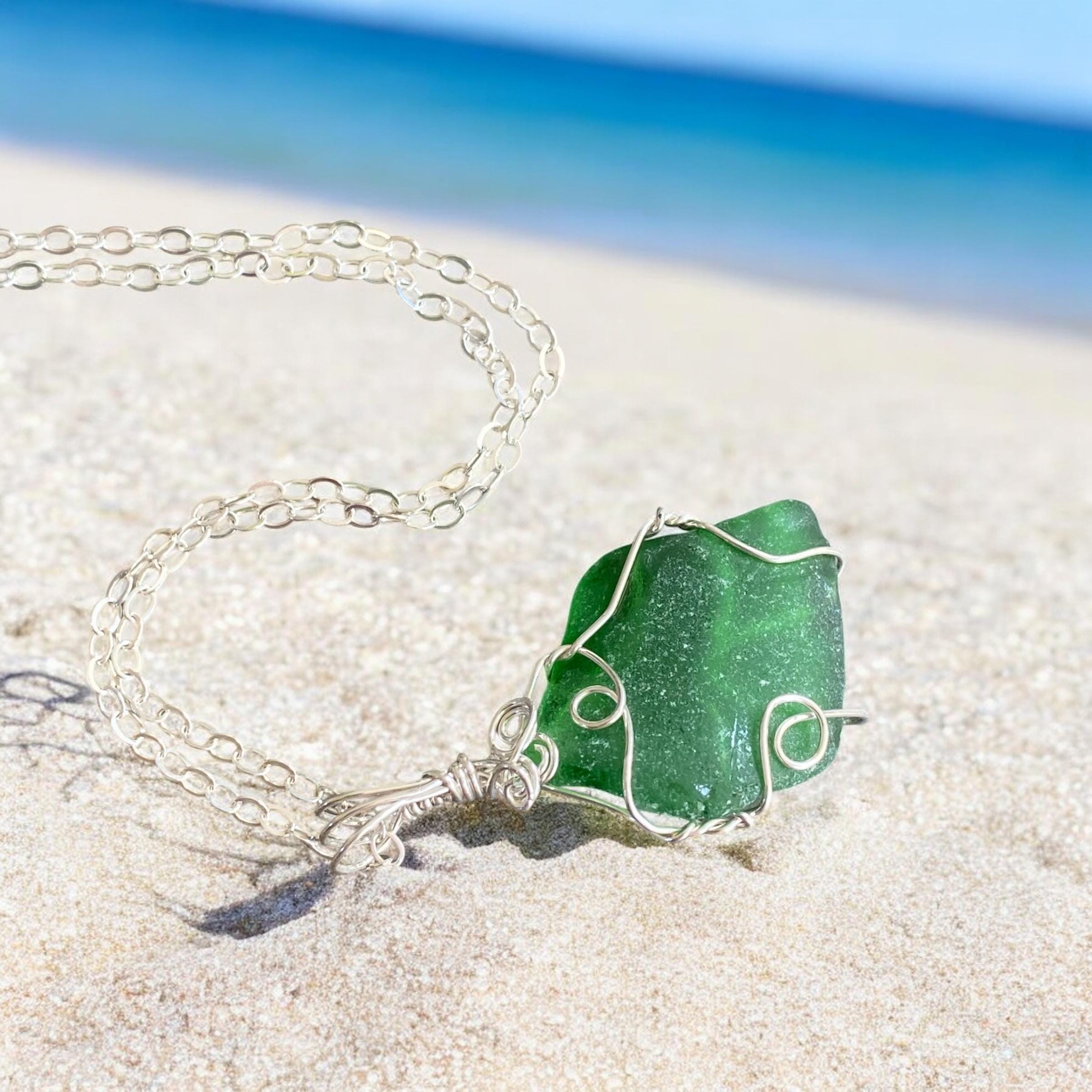 Green Seaglass Pendant Necklace in  Sterling Silver, Wire Wrapped Beach Glass Necklacefor Beach Lovers, Natual Peridot Green Sea Glass