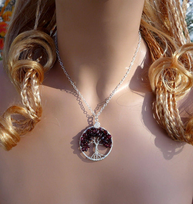 Sterling Silver Garnet Necklace,Garnet Tree of Life Necklace with .925 Sterling Silver Chain, January Birthstone Tree of Life, Gifts for Her
