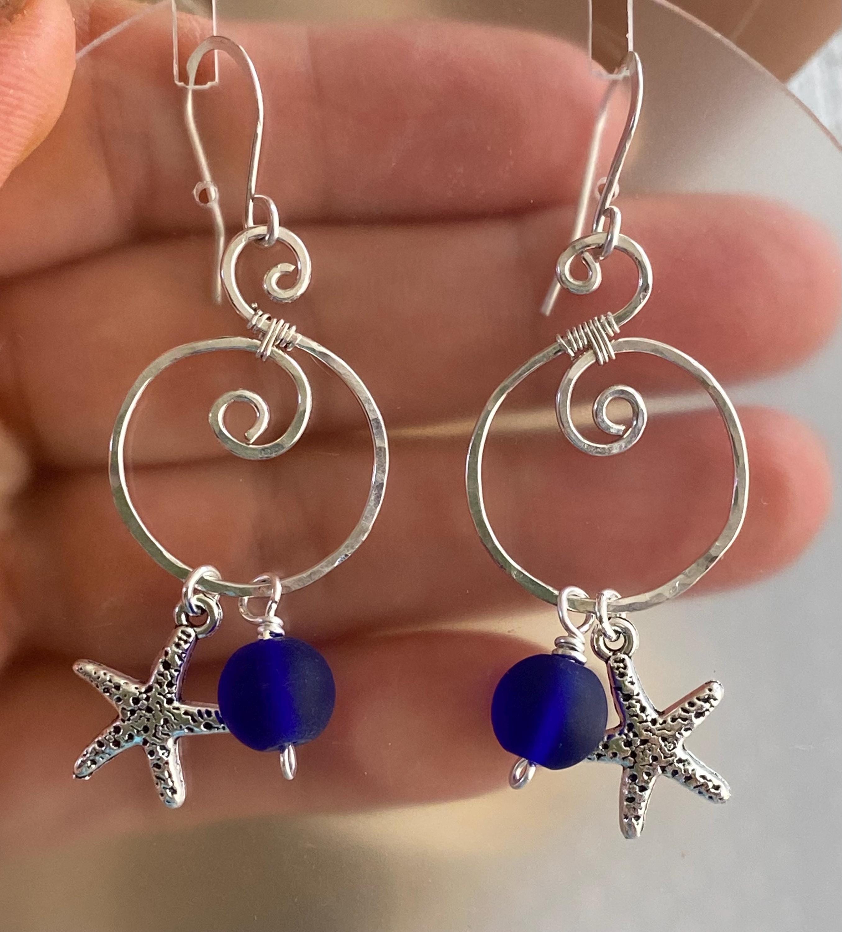 Blue Sea Glass Starfish Silver Charm Dangling Earrings, Spiral Design Sea Glass Nautical Design Earrings, Coastal Ocean Theme Earrings