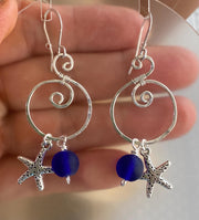 Blue Sea Glass Starfish Silver Charm Dangling Earrings, Spiral Design Sea Glass Nautical Design Earrings, Coastal Ocean Theme Earrings
