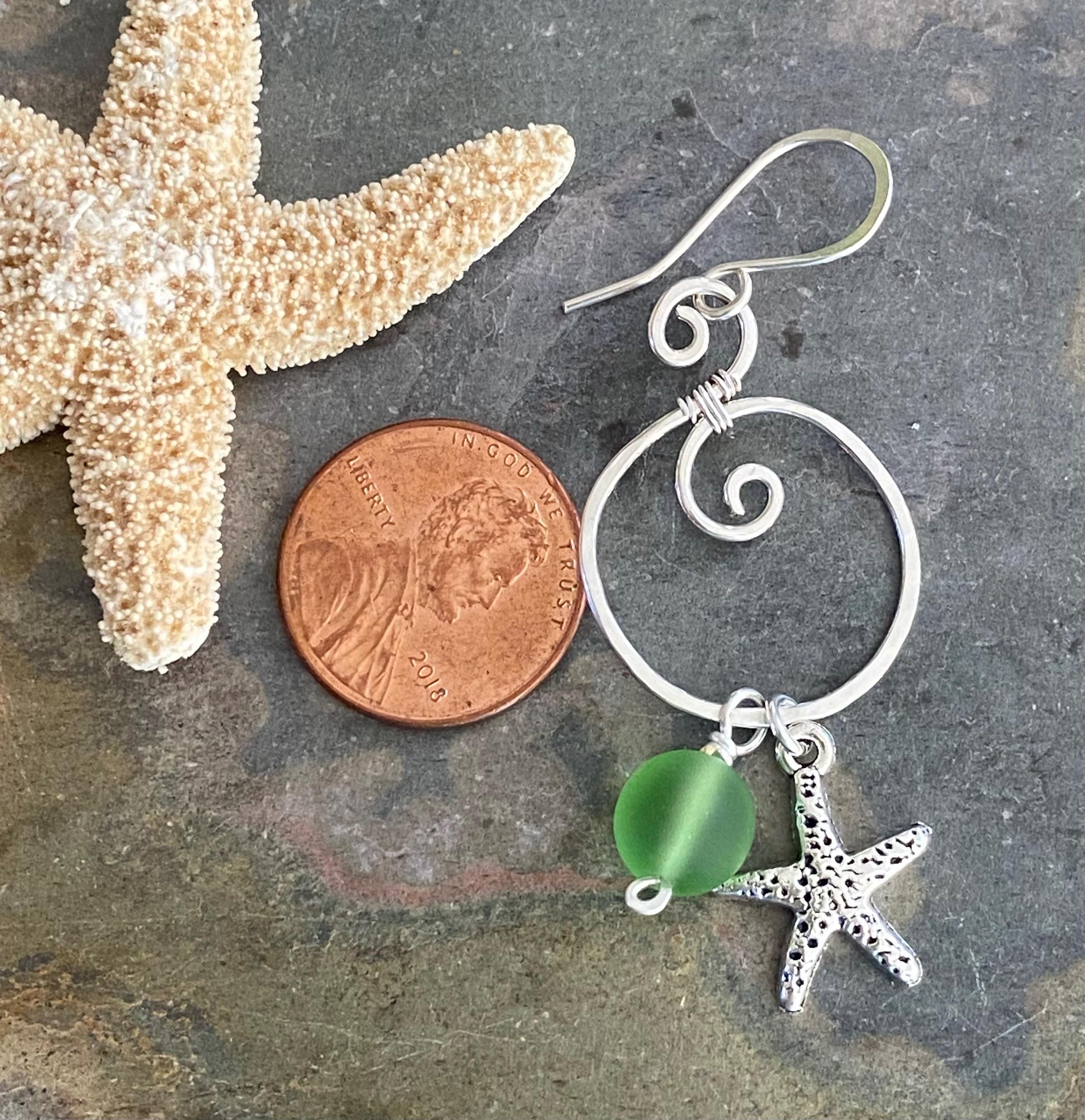 Spiral Sea Glass Earrings with Starfish Silver Charm, Spiral Dangle Earrings, Spiral Green Sea Glass Nautical Earrings, Ocean Theme Earrings