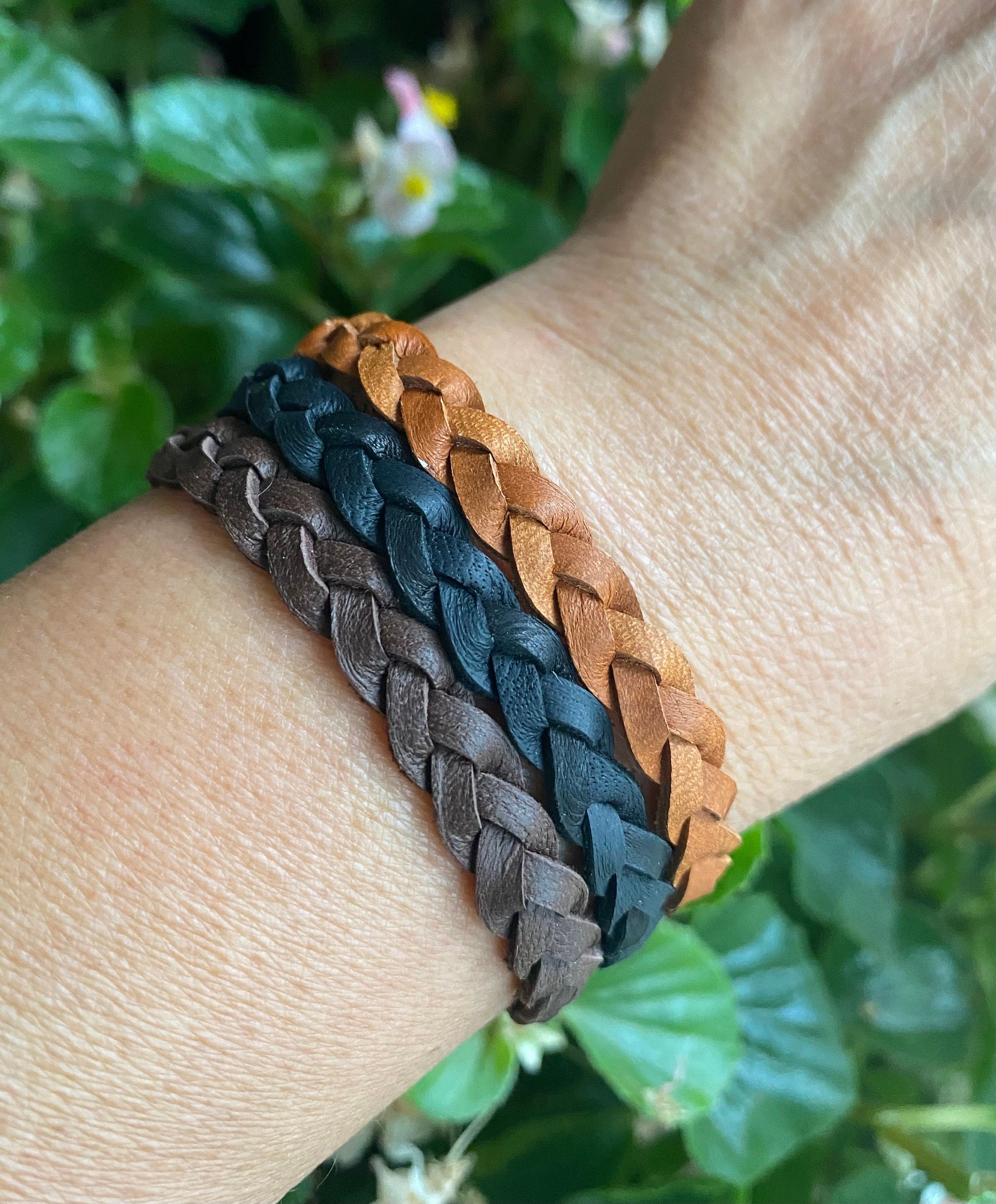 Braided Deerskin Lace Leather Bracelet,Dad's Gift from daughter,3 STRANDS FLAT Braid. Stacking Woven Leather Bracelet,unisex Bracelet/Anklet