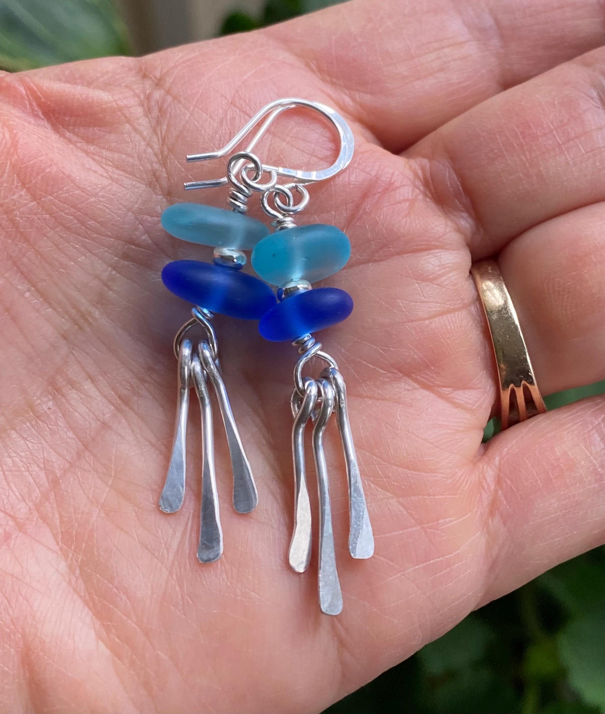 Blue Sea Glass Earrings, Beach Glass Dangling Earrings with Paddle shape Charms, .925 Sterling Silver Earrings, Beach Glass Jewelry for Her