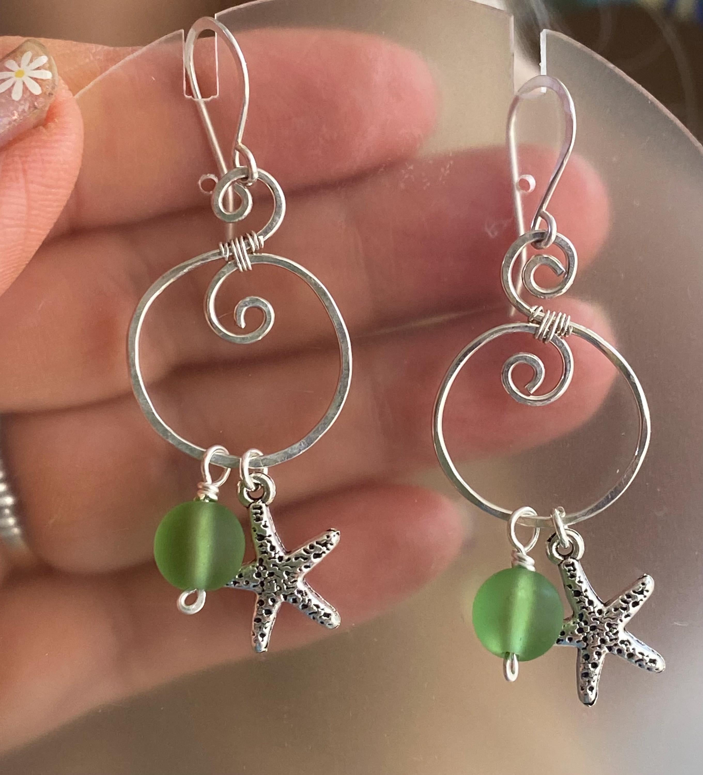 Spiral Sea Glass Earrings with Starfish Silver Charm, Spiral Dangle Earrings, Spiral Green Sea Glass Nautical Earrings, Ocean Theme Earrings