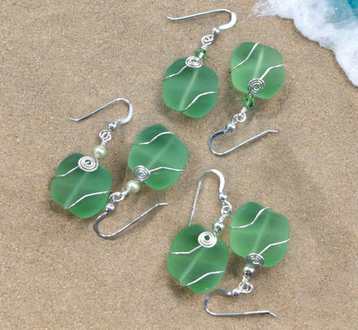 green Sea Glass dangling earrings with sterling silver ,Handmade green sea glass dangle earrings, Green sea glass Beach Wedding jewelry