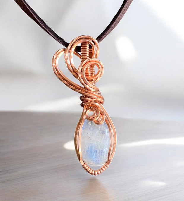 Wire Wrapped Moonstone Necklace in Natural  Copper,Rainbow Moonstone Necklace, Blue Flashing Moonstone Necklace,June Birthstone necklace