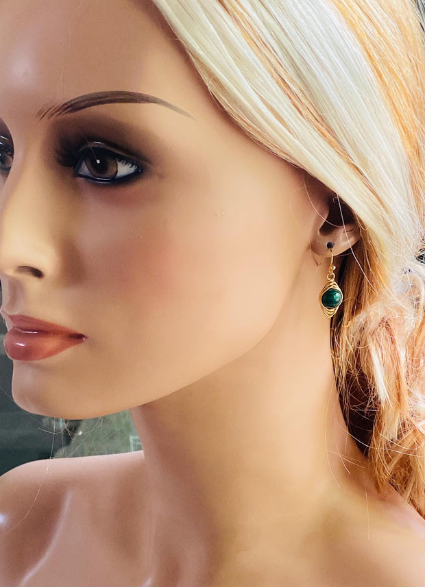 May Birthstone Malachite Earrings in Gold, Hand Wire Wrapped Malachite Dangling Earrings in Natural Copper, Green Malachite Gold Jewelry,