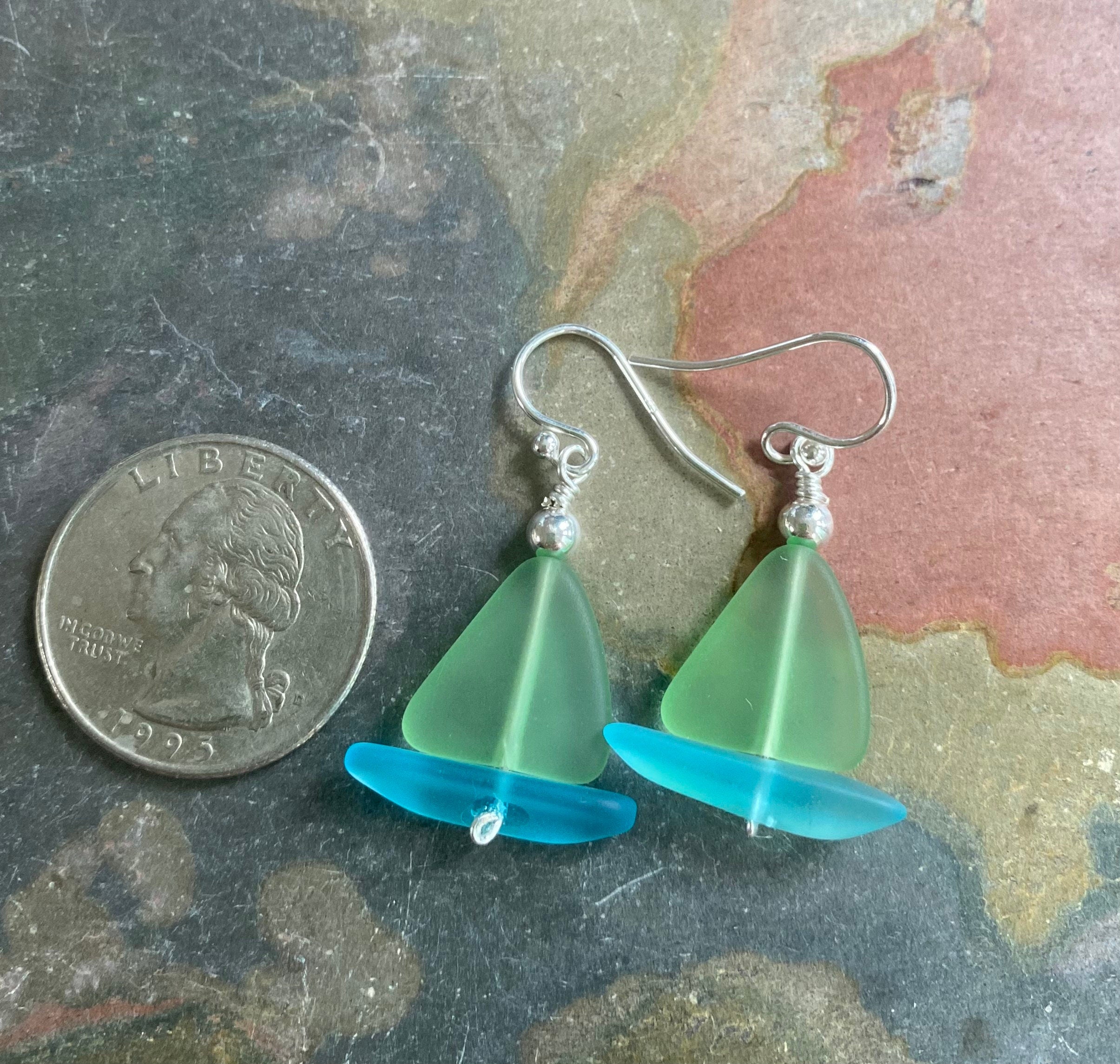STERLING SILVER Peridot Green Beach Glass Earrings, Green Sea Glass dangling Earrings, beach Wedding Earrings, Beach Summer  Earrings,
