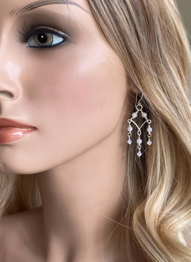 Moonstone Chandelier Earrings in Sterling Silver, Blue Flash Moonstone & Swarovski Crystal Dangles | Statement Bridal Earrings,