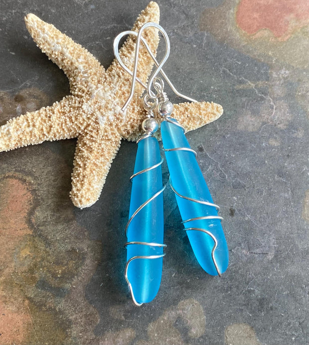 Pacific Blue Dangle Earring, Wire Wrap Blue Sea Glass in Sterling Silver, Sea Glass Beach Jewelry Summer Accessory, Ocean Theme Coastal Gift