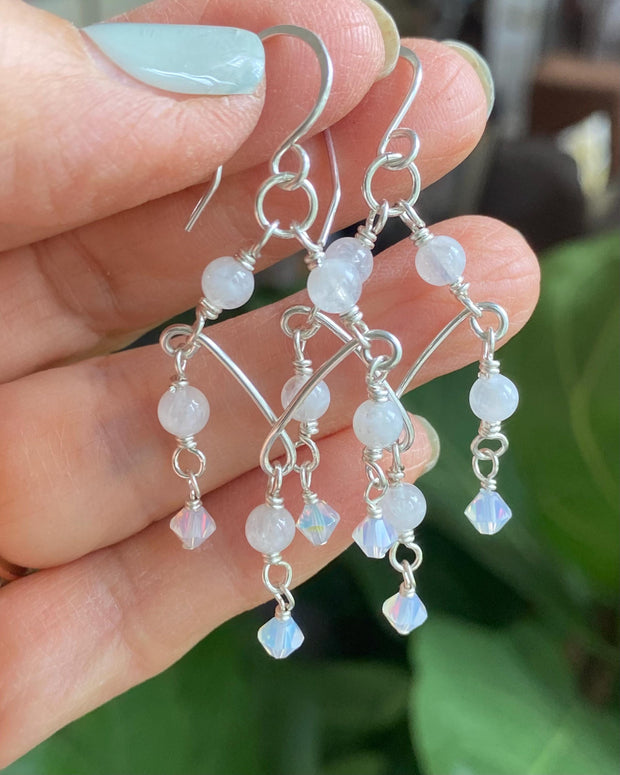 Moonstone Chandelier Earrings in Sterling Silver, Blue Flash Moonstone & Swarovski Crystal Dangles | Statement Bridal Earrings,