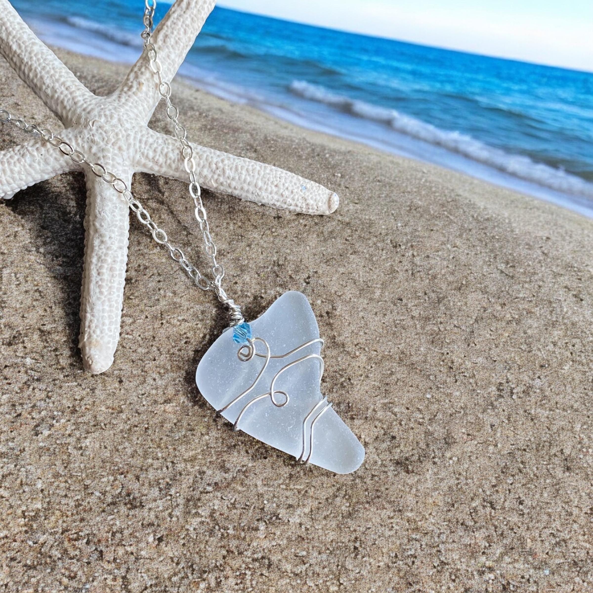 Genuine White Beach Glass Necklace, Wire Wrapped Naturally Tumbled Sea Glass Necklace, White Sea Glass Pendant Necklace in Sterling Silver
