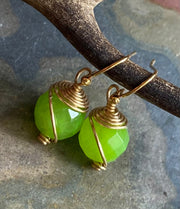Jade Earrings in Gold, Wire Wrapped Lime green color Jade Earrings,Wire Wrapped dangle  Earrings  Wire wrapped Jade Earrings,