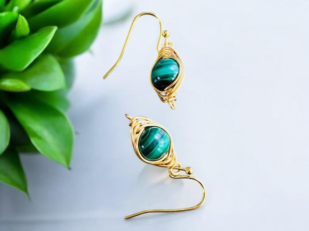 May Birthstone Malachite Earrings in Gold, Hand Wire Wrapped Malachite Dangling Earrings in Natural Copper, Green Malachite Gold Jewelry,