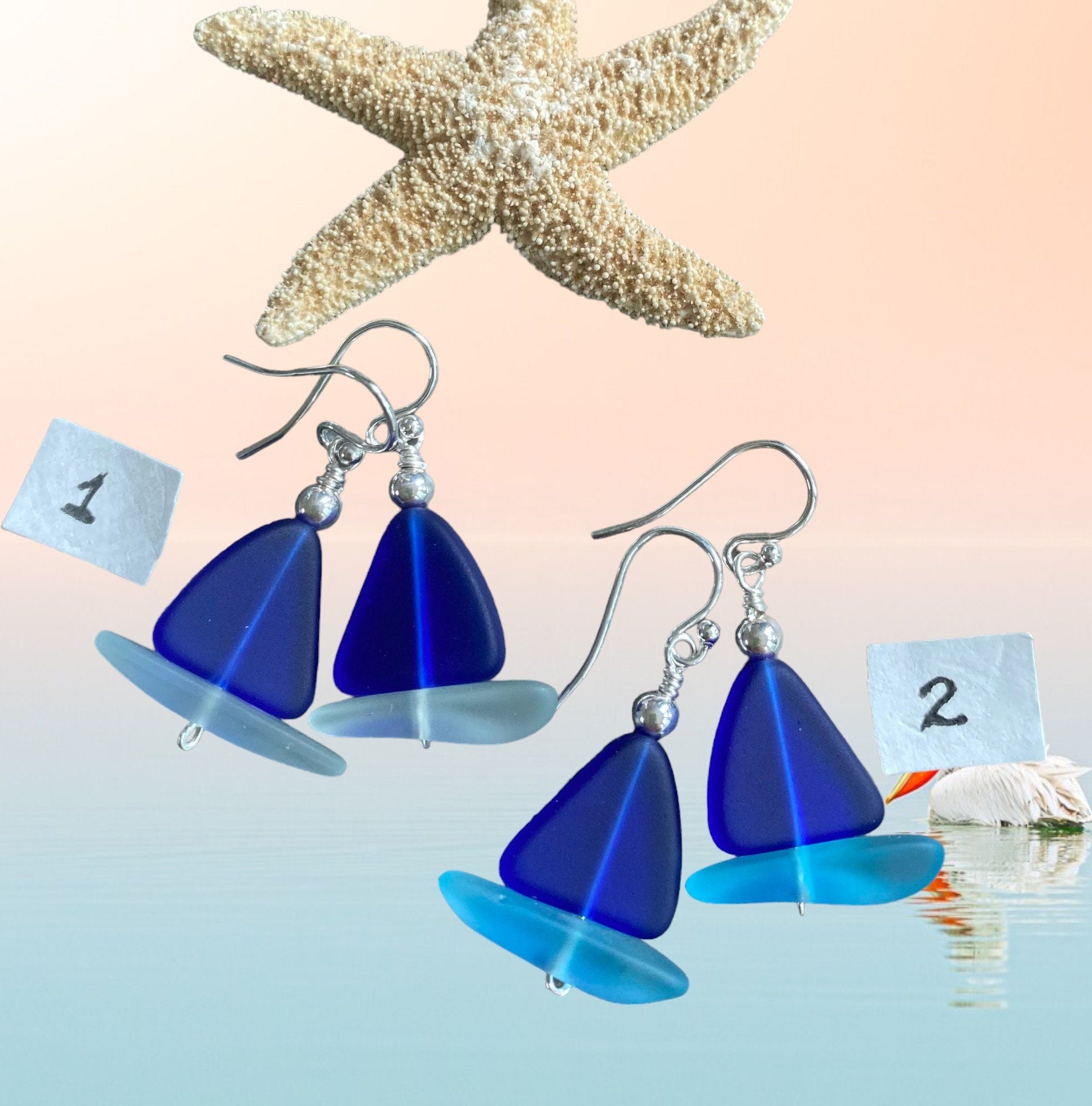 STERLING SILVER Sailboat Sea Glass Earrings, Cobalt Blue Sea Glass Earrings, Blue Sea Glass Earrings, Beach Weddings,, Sea glass