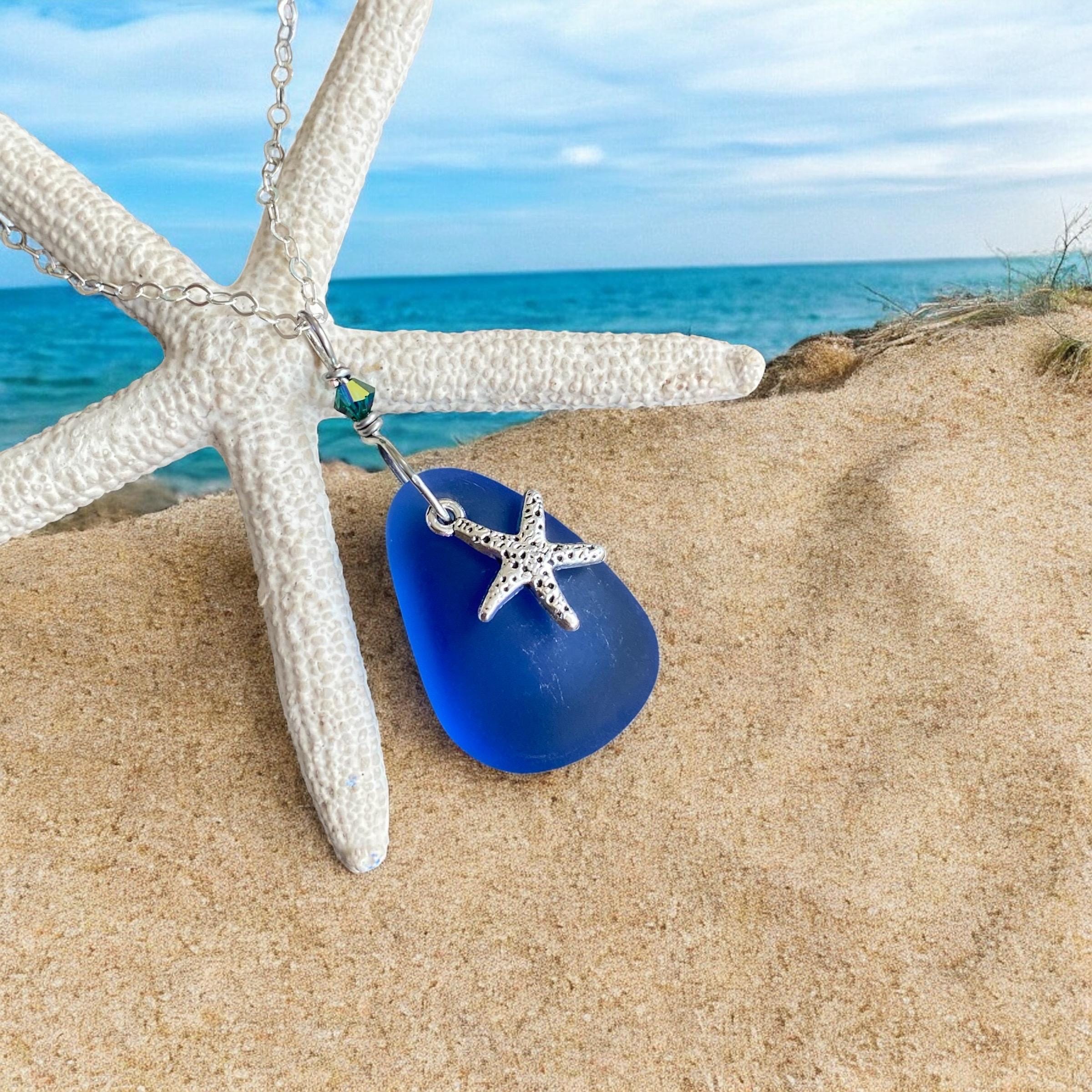 Beach Glass Necklace Starfish Charm in .925 Sterling Silver, Blue Sea Glass Necklace, Starfish Necklace, Wire Wrapped Blue Sea Glass Pendant