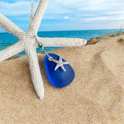 Beach Glass Necklace Starfish Charm in .925 Sterling Silver, Blue Sea Glass Necklace, Starfish Necklace, Wire Wrapped Blue Sea Glass Pendant