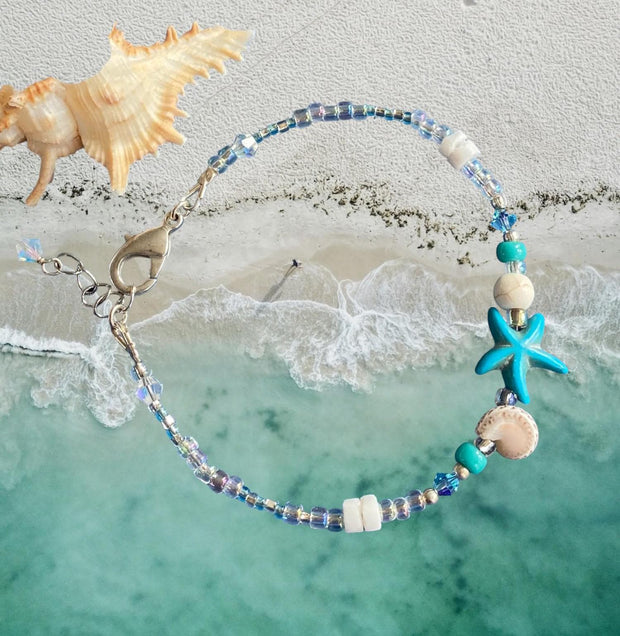 Starfish Charm Bracelet, Beach theme Bracelets, Starfish Charm beaded Bracelet, Summer Beach Jewelry, Beach Boho Bracelet
