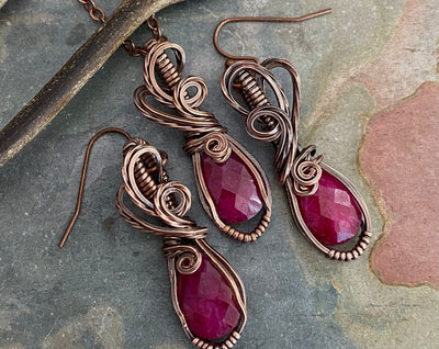 Ruby Copper Pendant Wire Wrapped Gemstone Necklace & Earrings Boho Style Jewelry