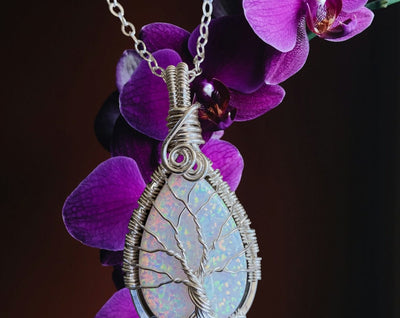 Opal jewelry, STERLING SILVER White Opal Tree of Life Necklace, October Birthstone