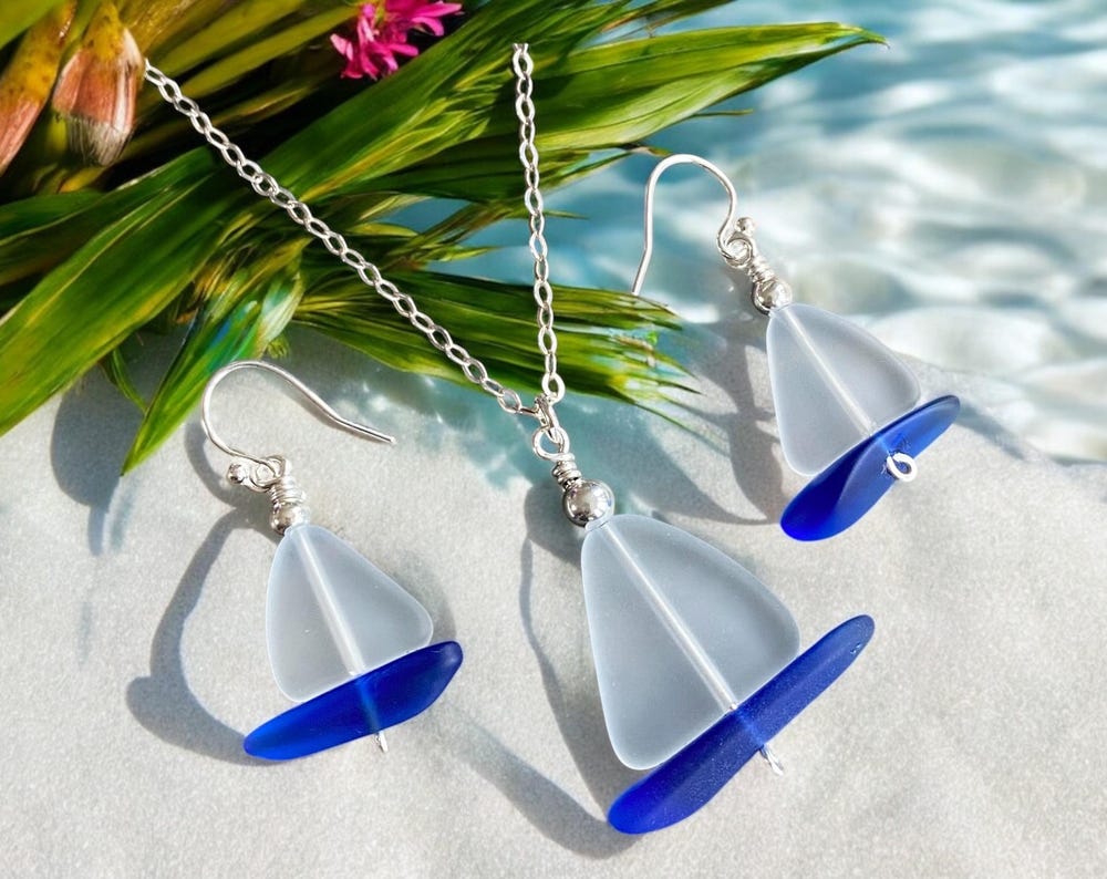 White Sea Glass Sailboat Earrings in Sterling Silver, Ocean-Inspired Beach Glass Sailboat Necklace and Earring SET