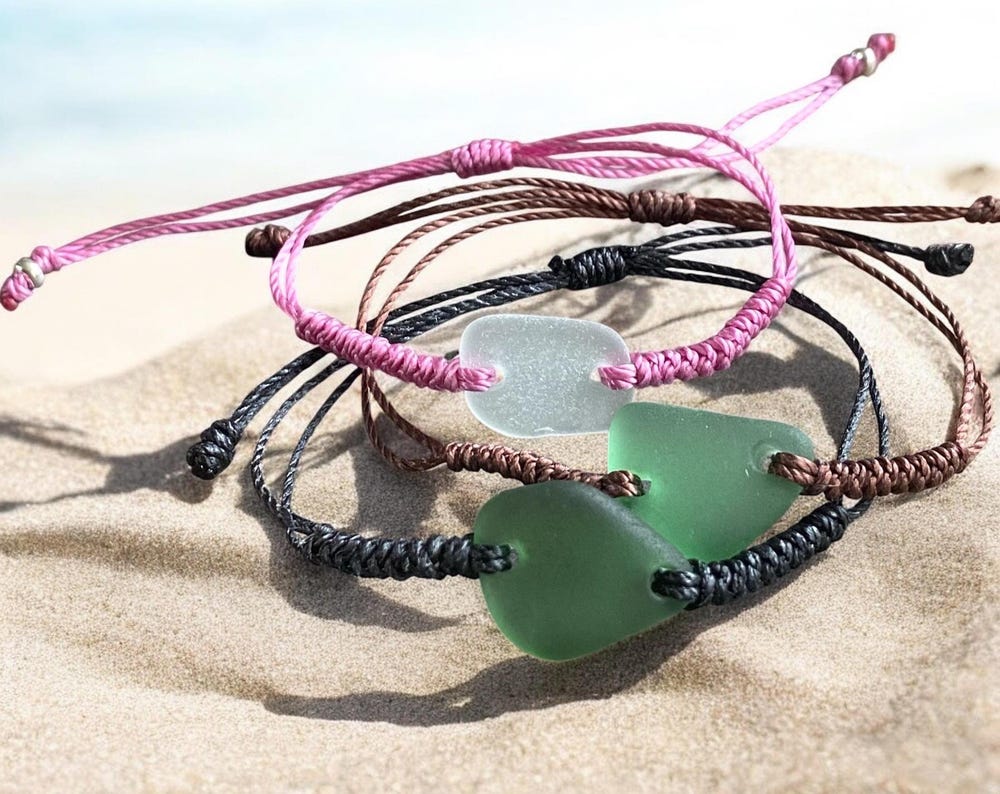 Handmade Macrame Sea Glass Bracelet, Hunter Green Sea Glass Bracelet, Adjustable Sea Glass Macrame Bracelets